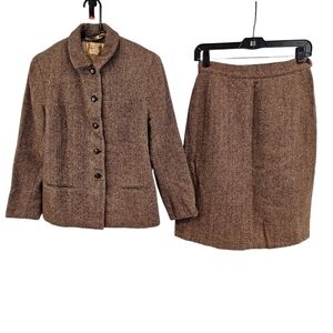 Vintage Herringbone Skirt Suit Size S 4 Brown